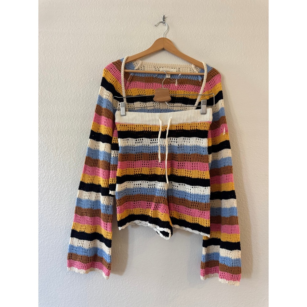 L Space Crochet 2 Piece Set Striped Sweater Shorts XL Multi Color